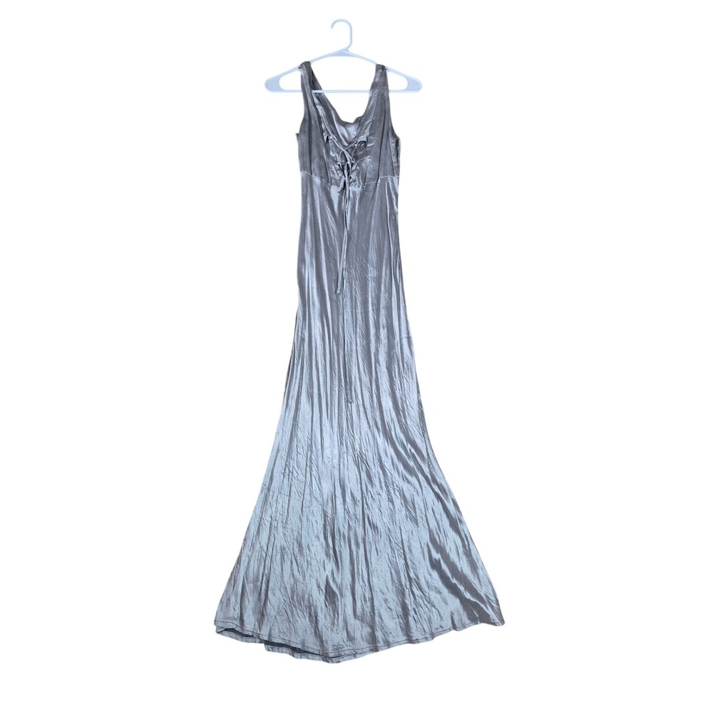 VTG Eleven Silver Metallic Soft‎ Maxi Dress Lace Up Back Evening Gown Size S